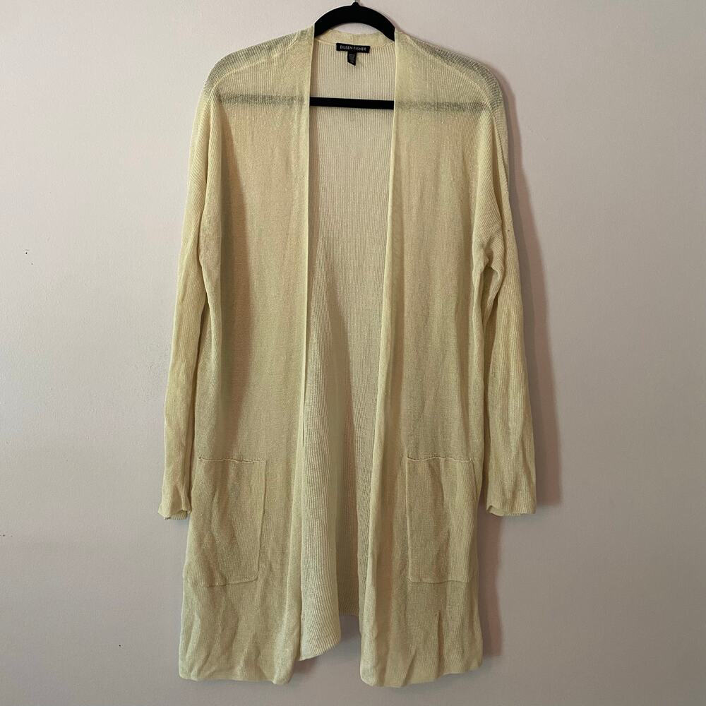 Eileen Fisher Cream Knit Long Cardigan Lightweight Minimalist Linen Blend Small